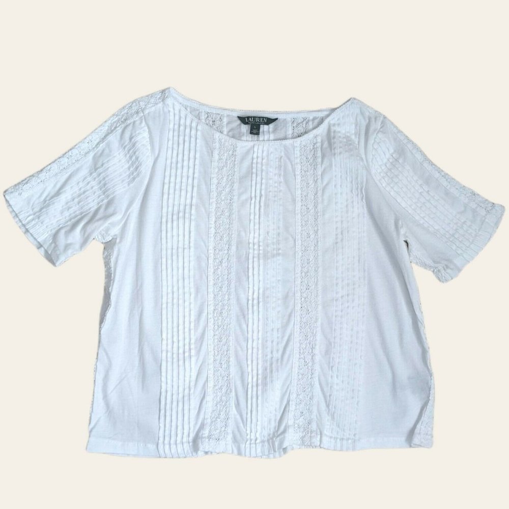 Lauren Ralph Lauren Size L White Short Sleeve Blouse Lace Insert